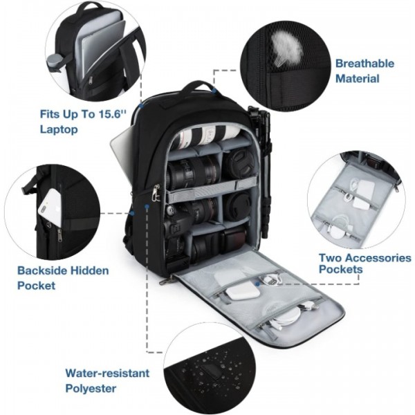 Camera Backpack,BAGSMART DSLR SLR Camera Bag Backpack Fits 15.6 Inch Laptop,Anti-Theft Waterproof Camera Case for Photographers,Men Women,with Rain Cover,Tripod Holder,Black